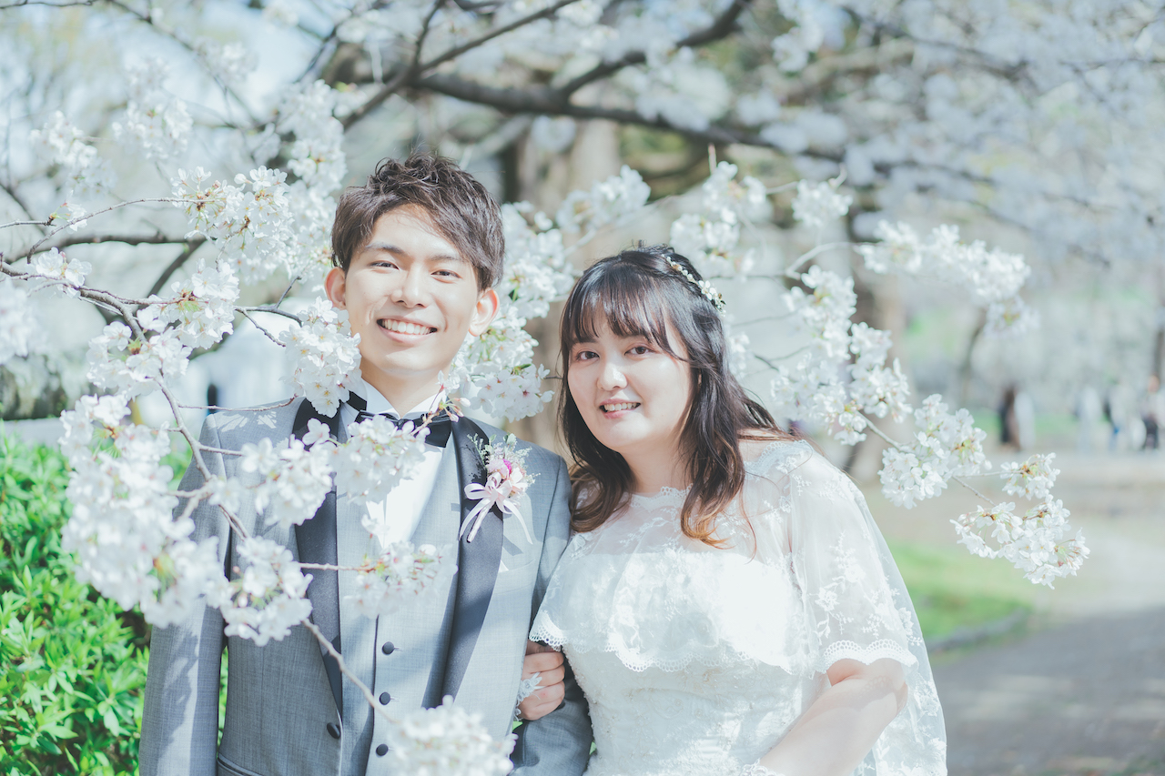 新郎と新婦が桜の中でにこやかにしている写真
